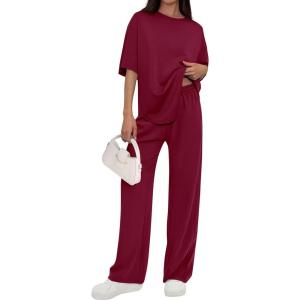 imagePRETTYGARDEN 2 Piece Lounge Sets for Women Summer 2026 Short Sleeve Matching Airport Travel Outfits Casual Spring ClothesBurgundy