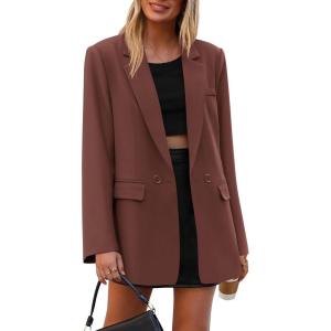 imagePRETTYGARDEN Fall 2026 Blazers for Women Business Casual Long Sleeve Lapel Pockets Dressy Suit Jackets Work Office ClothesBrown