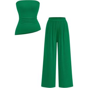 imagePRETTYGARDEN Summer Sets Women 2 Piece Outfits Asymmetrical Tube Tops and Pants Beach Vacation Airport Matching Lounge SetGreen