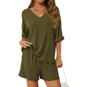 imagePRETTYGARDEN Womens 2 Piece Sets 2026 Oversized Vneck Half Sleeve Tops Shorts Lounge Set Casual Summer Travel Beach OutfitsArmy Green