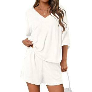 imagePRETTYGARDEN Womens 2 Piece Sets 2026 Oversized Vneck Half Sleeve Tops Shorts Lounge Set Casual Summer Travel Beach OutfitsBeige White