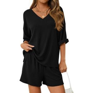 imagePRETTYGARDEN Womens 2 Piece Sets 2026 Oversized Vneck Half Sleeve Tops Shorts Lounge Set Casual Summer Travel Beach OutfitsBlack