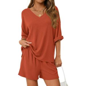 imagePRETTYGARDEN Womens 2 Piece Sets 2026 Oversized Vneck Half Sleeve Tops Shorts Lounge Set Casual Summer Travel Beach OutfitsBurnt Orange
