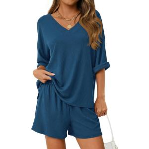 imagePRETTYGARDEN Womens 2 Piece Sets 2026 Oversized Vneck Half Sleeve Tops Shorts Lounge Set Casual Summer Travel Beach OutfitsDark Blue
