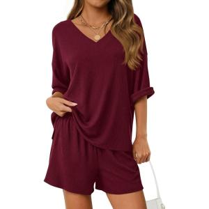 imagePRETTYGARDEN Womens 2 Piece Sets 2026 Oversized Vneck Half Sleeve Tops Shorts Lounge Set Casual Summer Travel Beach OutfitsWine Red