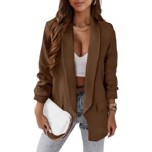 imagePRETTYGARDEN Womens Casual Blazer Spring Fall Fashion Long Sleeve Open Front Work Office Suit JacketsCoffee