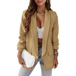 imagePRETTYGARDEN Womens Casual Blazer Spring Fall Fashion Long Sleeve Open Front Work Office Suit JacketsKhaki