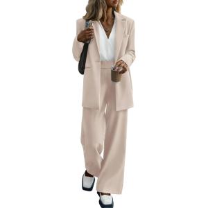 imagePRETTYGARDEN Womens Fall Two Piece Outfits Dressy Blazer Jacket and Wide Leg Pants Pockets Business Casual Office Suit SetsBeige