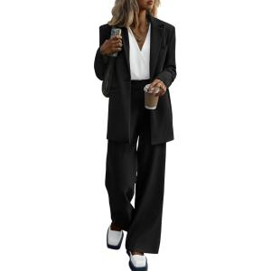 imagePRETTYGARDEN Womens Fall Two Piece Outfits Dressy Blazer Jacket and Wide Leg Pants Pockets Business Casual Office Suit SetsBlack