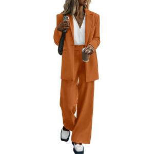 imagePRETTYGARDEN Womens Fall Two Piece Outfits Dressy Blazer Jacket and Wide Leg Pants Pockets Business Casual Office Suit SetsBrown