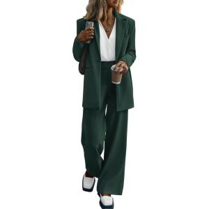 imagePRETTYGARDEN Womens Fall Two Piece Outfits Dressy Blazer Jacket and Wide Leg Pants Pockets Business Casual Office Suit SetsDark Green