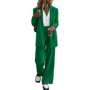 imagePRETTYGARDEN Womens Fall Two Piece Outfits Dressy Blazer Jacket and Wide Leg Pants Pockets Business Casual Office Suit SetsGreen