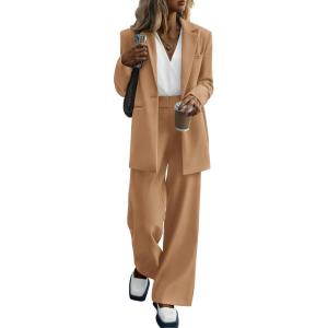 imagePRETTYGARDEN Womens Fall Two Piece Outfits Dressy Blazer Jacket and Wide Leg Pants Pockets Business Casual Office Suit SetsKhaki