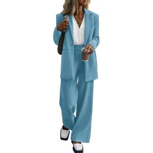 imagePRETTYGARDEN Womens Fall Two Piece Outfits Dressy Blazer Jacket and Wide Leg Pants Pockets Business Casual Office Suit SetsLake Blue