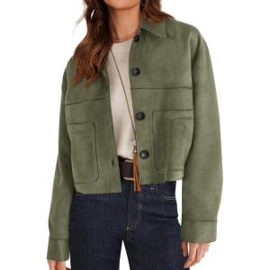 imagePRETTYGARDEN Womens Faux Suede Cropped Jacket Casual Lightweight Fall Fashion 2026 Winter Coats Outerwear Trendy ClothesArmy Green