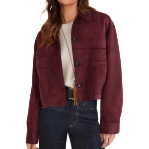 imagePRETTYGARDEN Womens Faux Suede Cropped Jacket Casual Lightweight Fall Fashion 2026 Winter Coats Outerwear Trendy ClothesBurgundy
