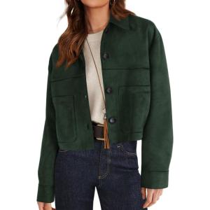 imagePRETTYGARDEN Womens Faux Suede Cropped Jacket Casual Lightweight Fall Fashion 2026 Winter Coats Outerwear Trendy ClothesDark Green