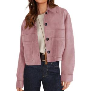 imagePRETTYGARDEN Womens Faux Suede Cropped Jacket Casual Lightweight Fall Fashion 2026 Winter Coats Outerwear Trendy ClothesPink