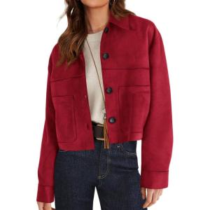 imagePRETTYGARDEN Womens Faux Suede Cropped Jacket Casual Lightweight Fall Fashion 2026 Winter Coats Outerwear Trendy ClothesRed