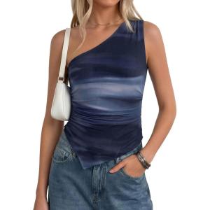 imagePRETTYGARDEN Womens Floral Mesh Tops 2026 Summer Asymmetrical One Shoulder Sleeveless Ruched Shirts Spring Going Out ClothesGradient Blue