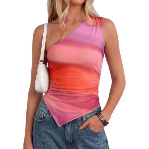 imagePRETTYGARDEN Womens Floral Mesh Tops 2026 Summer Asymmetrical One Shoulder Sleeveless Ruched Shirts Spring Going Out ClothesMulticolor Print