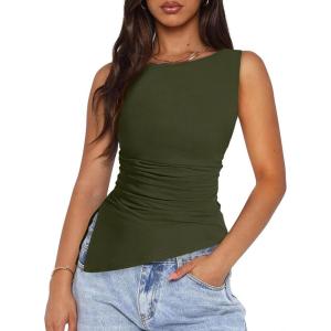 imagePRETTYGARDEN Womens Ruched Tank Tops 2026 Summer Sleeveless Slim Fit T Shirts Blouses Going Out Y2K Fashion ClothesArmy Green