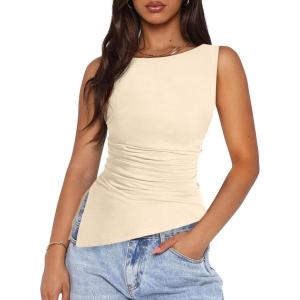 imagePRETTYGARDEN Womens Ruched Tank Tops 2026 Summer Sleeveless Slim Fit T Shirts Blouses Going Out Y2K Fashion ClothesBeige