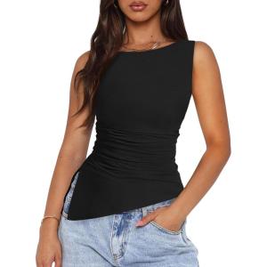 imagePRETTYGARDEN Womens Ruched Tank Tops 2026 Summer Sleeveless Slim Fit T Shirts Blouses Going Out Y2K Fashion ClothesBlack