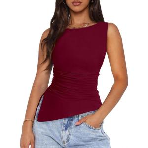 imagePRETTYGARDEN Womens Ruched Tank Tops 2026 Summer Sleeveless Slim Fit T Shirts Blouses Going Out Y2K Fashion ClothesBurgundy