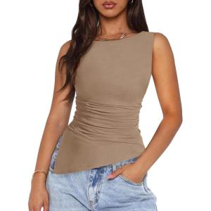 imagePRETTYGARDEN Womens Ruched Tank Tops 2026 Summer Sleeveless Slim Fit T Shirts Blouses Going Out Y2K Fashion ClothesKhaki