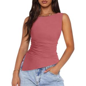 imagePRETTYGARDEN Womens Ruched Tank Tops 2026 Summer Sleeveless Slim Fit T Shirts Blouses Going Out Y2K Fashion ClothesPink