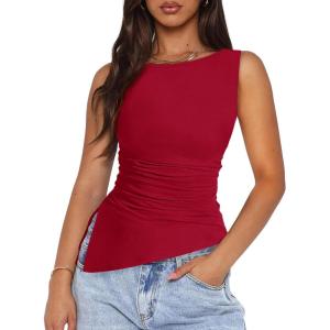imagePRETTYGARDEN Womens Ruched Tank Tops 2026 Summer Sleeveless Slim Fit T Shirts Blouses Going Out Y2K Fashion ClothesRed