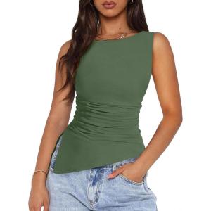 imagePRETTYGARDEN Womens Ruched Tank Tops 2026 Summer Sleeveless Slim Fit T Shirts Blouses Going Out Y2K Fashion ClothesSage Green