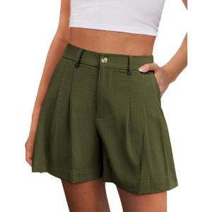 imagePRETTYGARDEN Womens Shorts Casual 2026 Summer Elastic High Waist Zipper Button Tailored Shorts Pleated Beach Vacation OutfitsArmy Green