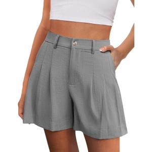 imagePRETTYGARDEN Womens Shorts Casual 2026 Summer Elastic High Waist Zipper Button Tailored Shorts Pleated Beach Vacation OutfitsGrey