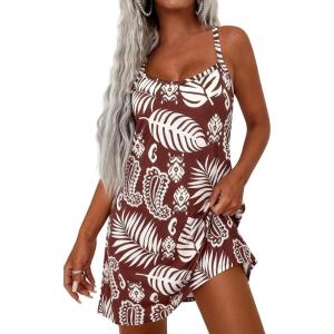 imagePRETTYGARDEN Womens Summer Dresses 2026 Casual Print Spaghetti Strap Sleeveless Sundress Beach Vacation Cover UpsBrown