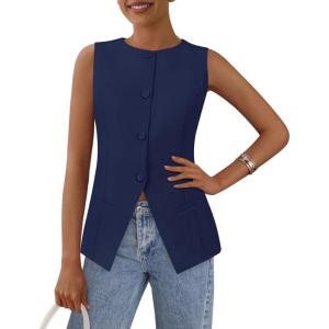 imagePRETTYGARDEN Womens Summer Suit Vest Tops 2026 Dressy Business Casual Sleeveless Button Down Trendy Fashion Blazer WaistcoatDark Blue