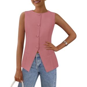 imagePRETTYGARDEN Womens Summer Suit Vest Tops 2026 Dressy Business Casual Sleeveless Button Down Trendy Fashion Blazer WaistcoatDark Pink
