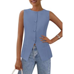 imagePRETTYGARDEN Womens Summer Suit Vest Tops 2026 Dressy Business Casual Sleeveless Button Down Trendy Fashion Blazer WaistcoatDusty Blue