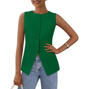imagePRETTYGARDEN Womens Summer Suit Vest Tops 2026 Dressy Business Casual Sleeveless Button Down Trendy Fashion Blazer WaistcoatGreen