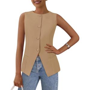 imagePRETTYGARDEN Womens Summer Suit Vest Tops 2026 Dressy Business Casual Sleeveless Button Down Trendy Fashion Blazer WaistcoatLight Khaki