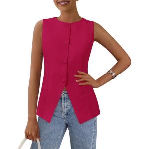 imagePRETTYGARDEN Womens Summer Suit Vest Tops 2026 Dressy Business Casual Sleeveless Button Down Trendy Fashion Blazer WaistcoatMagenta