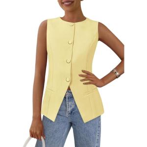 imagePRETTYGARDEN Womens Summer Suit Vest Tops 2026 Dressy Business Casual Sleeveless Button Down Trendy Fashion Blazer WaistcoatYellow