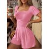 imagePRETTYGARDEN Summer Rompers For Women 2026 Short Sleeve Shirt Knit Shorts One Piece Jumpsuit Casual Beach Vacation ClothesPink