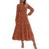 imagePRETTYGARDEN Long Sleeve Dress for Women 2026 Fall Elegant Modest Floral Boho Smocked Flowy Wedding Guest Midi DressesBrick Red