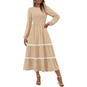 imagePRETTYGARDEN Long Sleeve Dress for Women 2026 Fall Elegant Modest Floral Boho Smocked Flowy Wedding Guest Midi DressesApricot