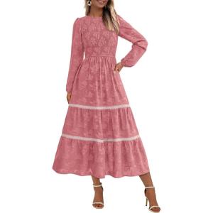 imagePRETTYGARDEN Long Sleeve Dress for Women 2026 Fall Elegant Modest Floral Boho Smocked Flowy Wedding Guest Midi DressesBean Paste Pink