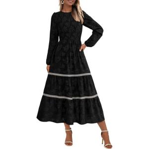 imagePRETTYGARDEN Long Sleeve Dress for Women 2026 Fall Elegant Modest Floral Boho Smocked Flowy Wedding Guest Midi DressesBlack