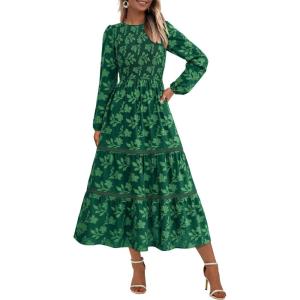 imagePRETTYGARDEN Long Sleeve Dress for Women 2026 Fall Elegant Modest Floral Boho Smocked Flowy Wedding Guest Midi DressesDark Green