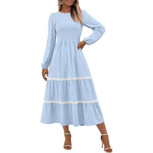 imagePRETTYGARDEN Long Sleeve Dress for Women 2026 Fall Elegant Modest Floral Boho Smocked Flowy Wedding Guest Midi DressesLight Blue